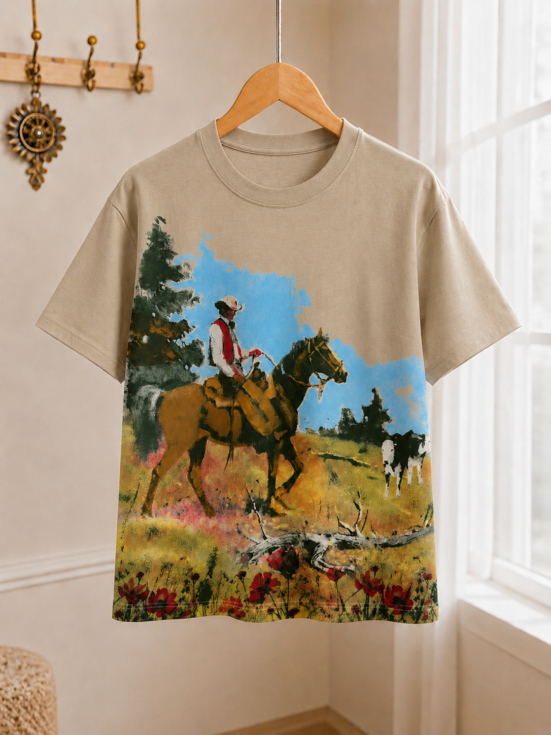 Premium Beige Horse Rider Graphic Oversized T-Shirt for Men