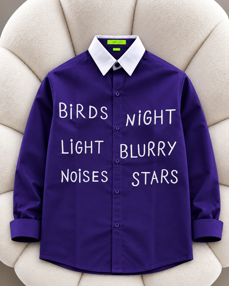 'Birds Night' Embroidered Purple Shirt