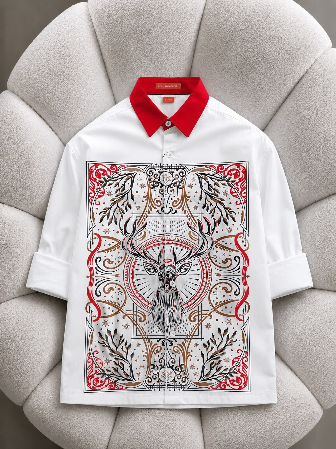 Classic Song White Deer Print Cotton Shirt for Men