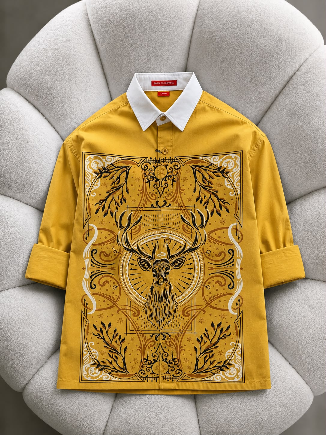 Gold Yellow Classic Deer Print Cotton Shirt