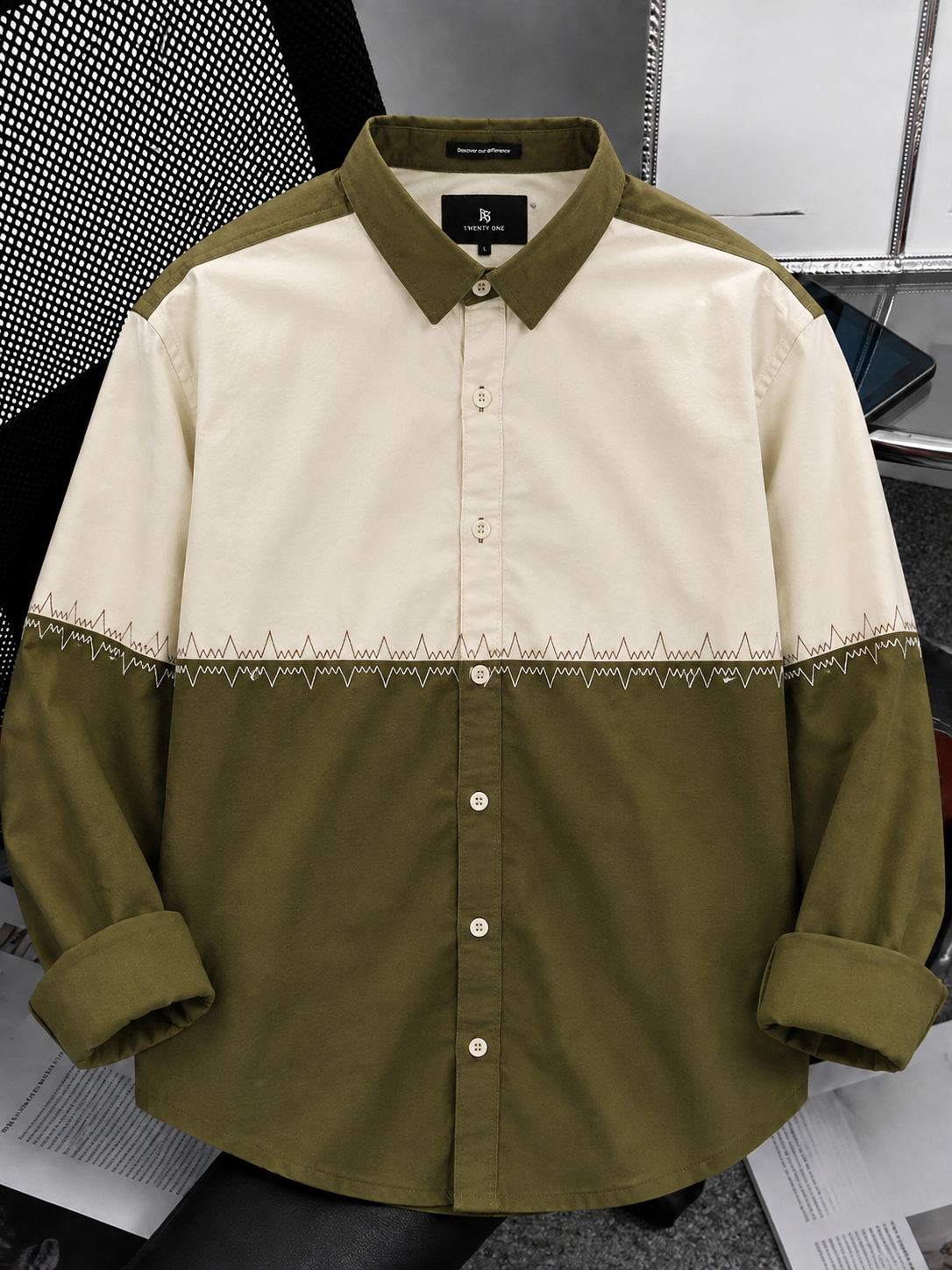 Olive Green & White Color Block Cotton Shirt